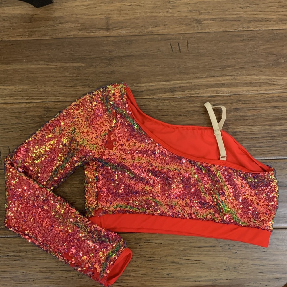 3 Pc Dance Costume Set Adult Small Sequin Top Red Fringe Shorts IridescentPants - Picture 4 of 6